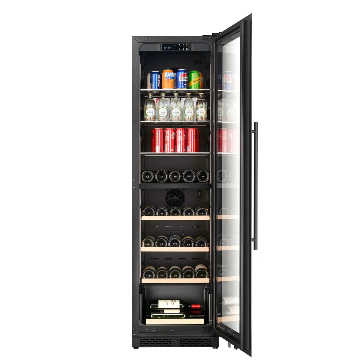 Black wine cooler with open door displaying various bottles and cans on a white background