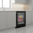 Black beverage cooler with glass door displaying various cans and bottles.
