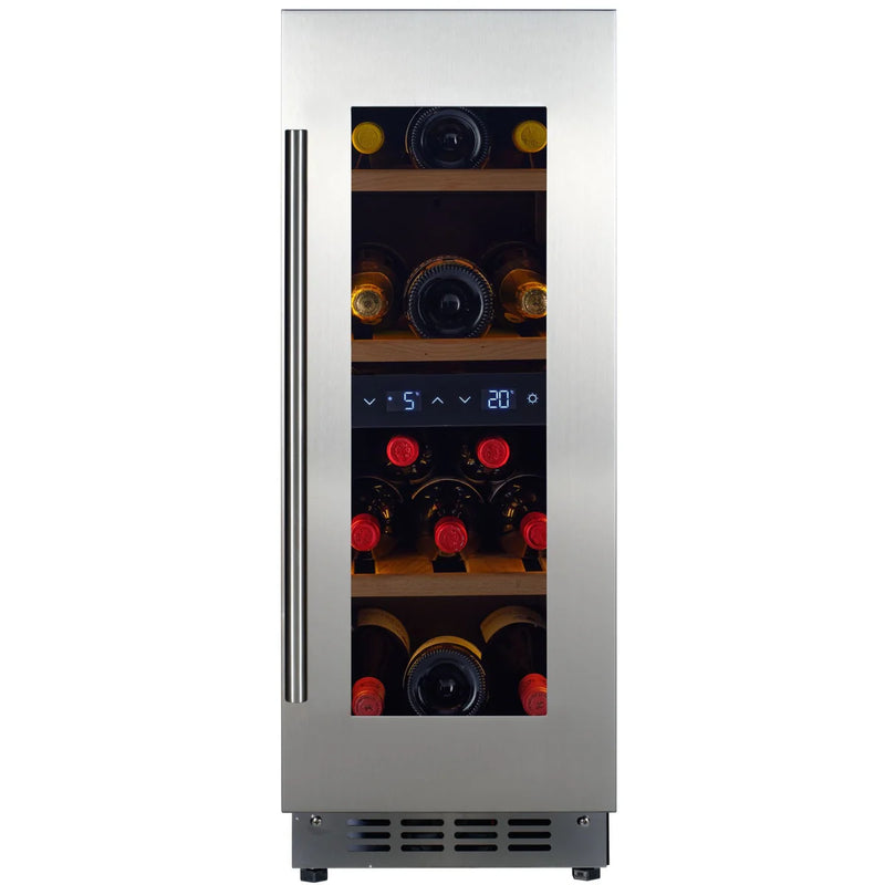 Stainless steel wine cooler with glass door displaying wine bottles.