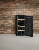 Wine cooler with open door displaying wine bottles and control panel on a white background