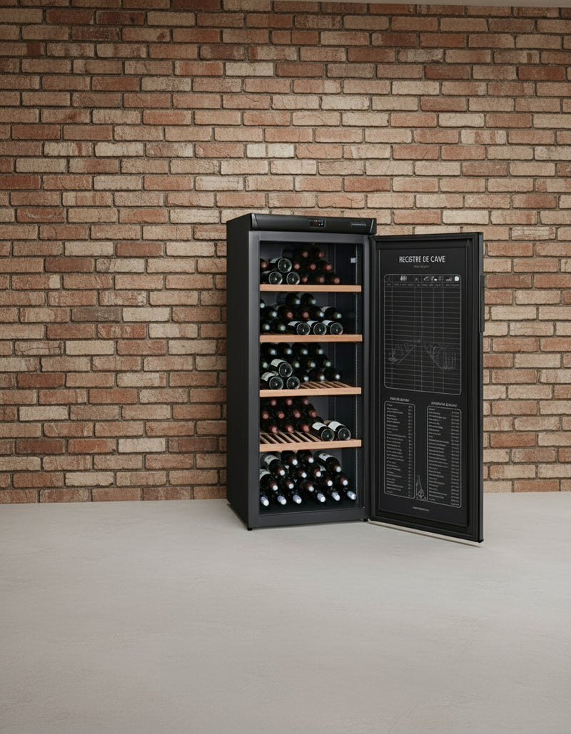 Wine cooler with open door displaying wine bottles and control panel on a white background