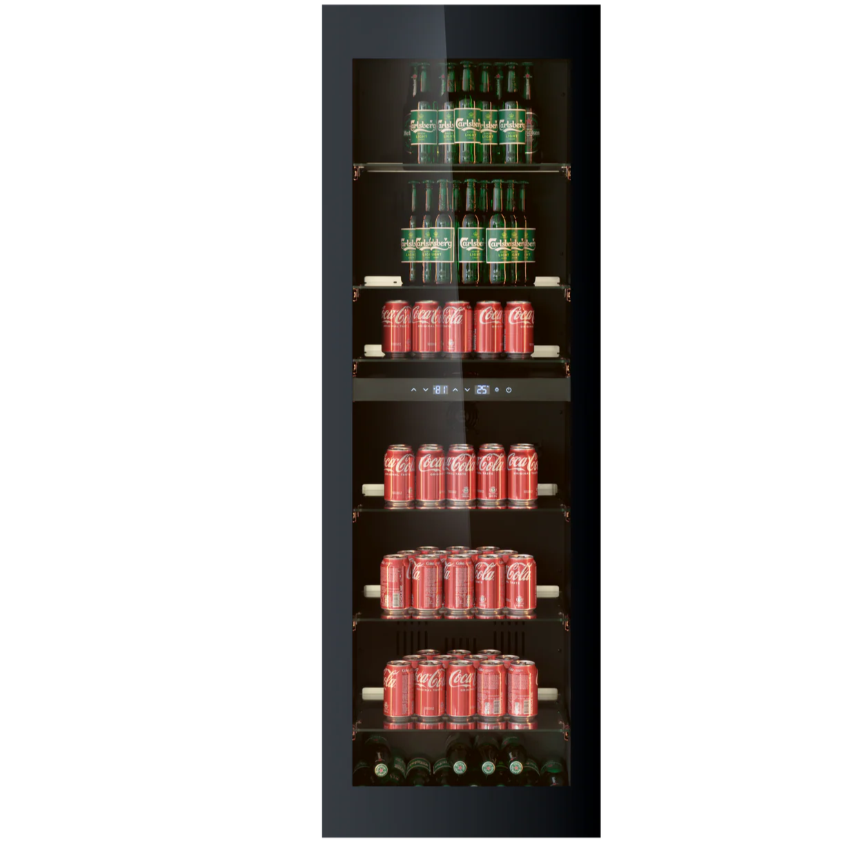 Tall black beverage cooler with shelves of drinks on a white background