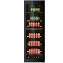 Tall black beverage cooler with shelves of drinks on a white background