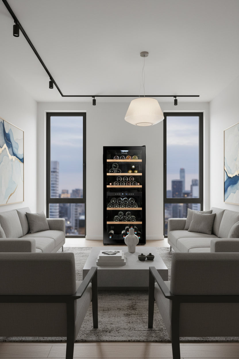 A black La Sommeliere 102 bottle dual zone wine cooler with UV protected glass door and wooden fronted shelves.