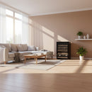 Wine cooler with wine bottles inside on a white background