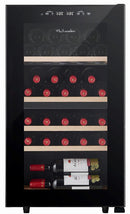 La Sommeliere 32 bottle dual zone wine cooler with black exterior and wooden shelves inside, featuring a glass door.