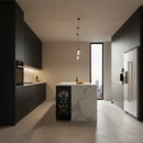 Black wine cooler with digital display and bottle slots on a white background