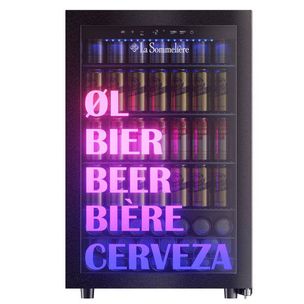 Beer cooler with illuminated text in multiple languages on a white background