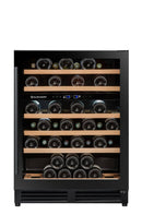 Wine cooler with multiple shelves holding wine bottles on a white background