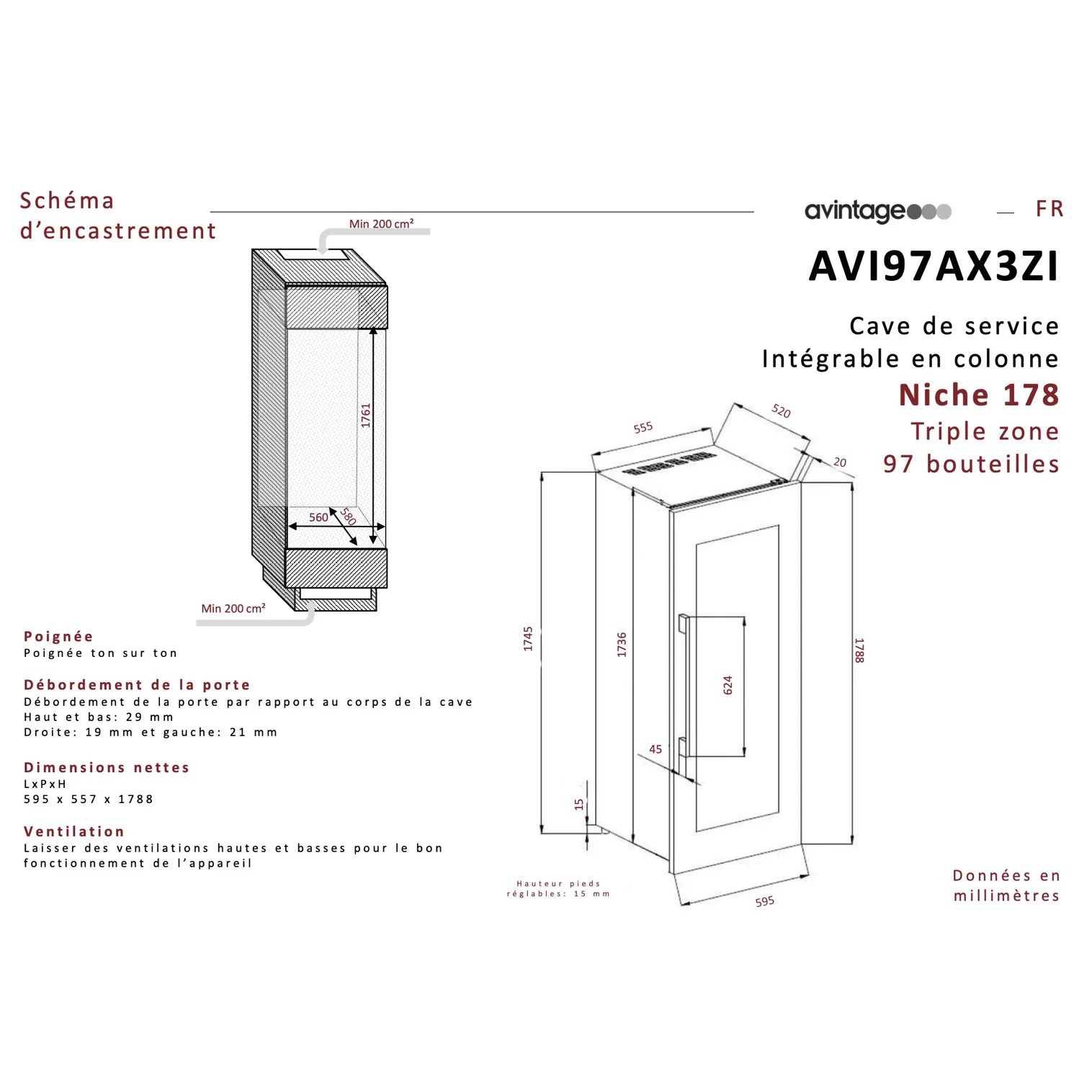 Avintage - 97 Bottle Three Zone Integrated Wine Cooler - AVI97AX3ZI